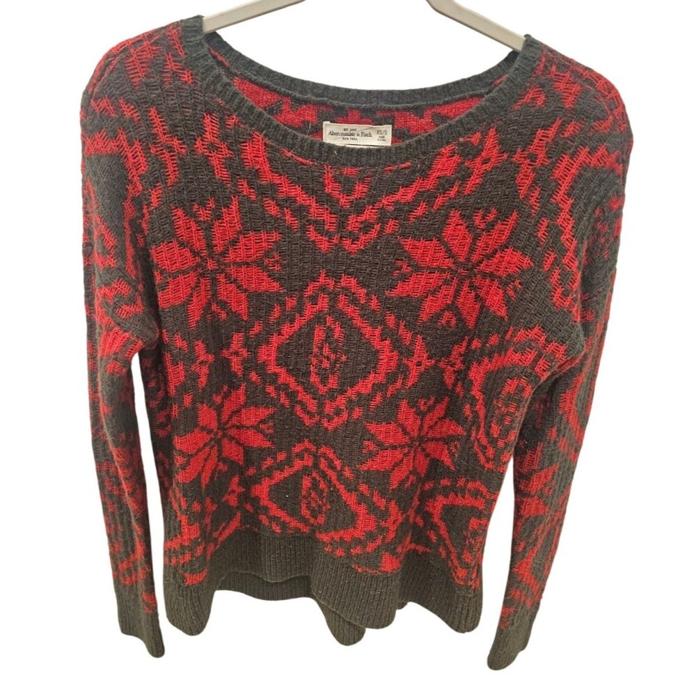 Abercrombie & Fitch Sweater Fair Isle Nordic Holiday Red Grey Crewneck Sz XS/S